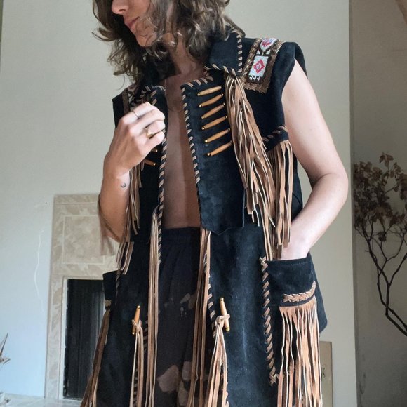 Leather Fringe Southwestern Vest Unisex XL - Picture 4 of 7